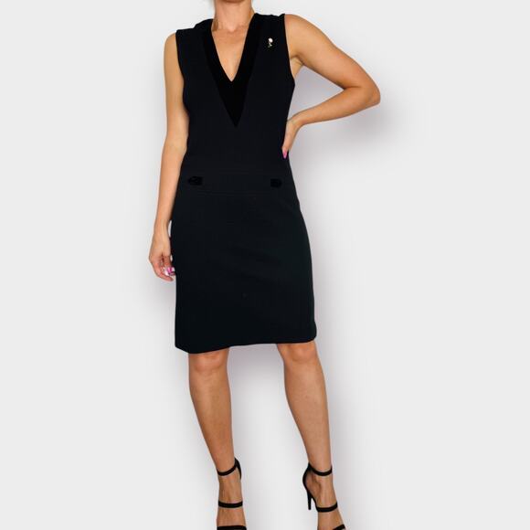 60s Butte Knit‎ Black Wool Dress with Velvet Trim - Picture 2 of 8